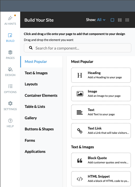 Build tab with elements panel