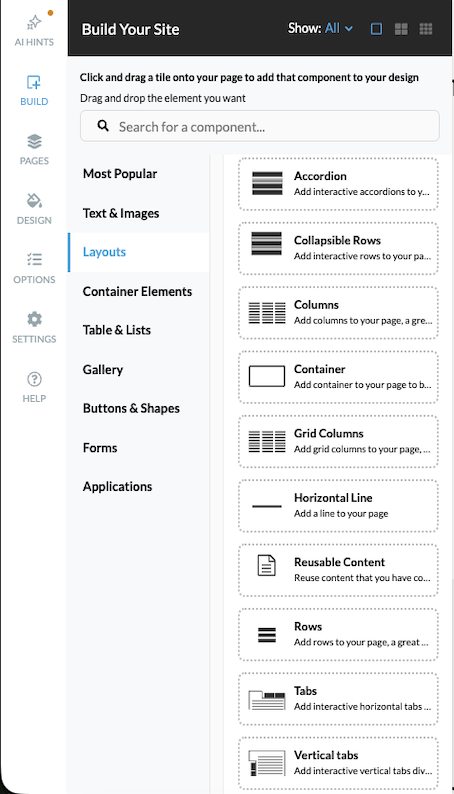 Layout types — columns, tabs, accordion