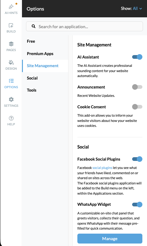 Options panel — installing an application