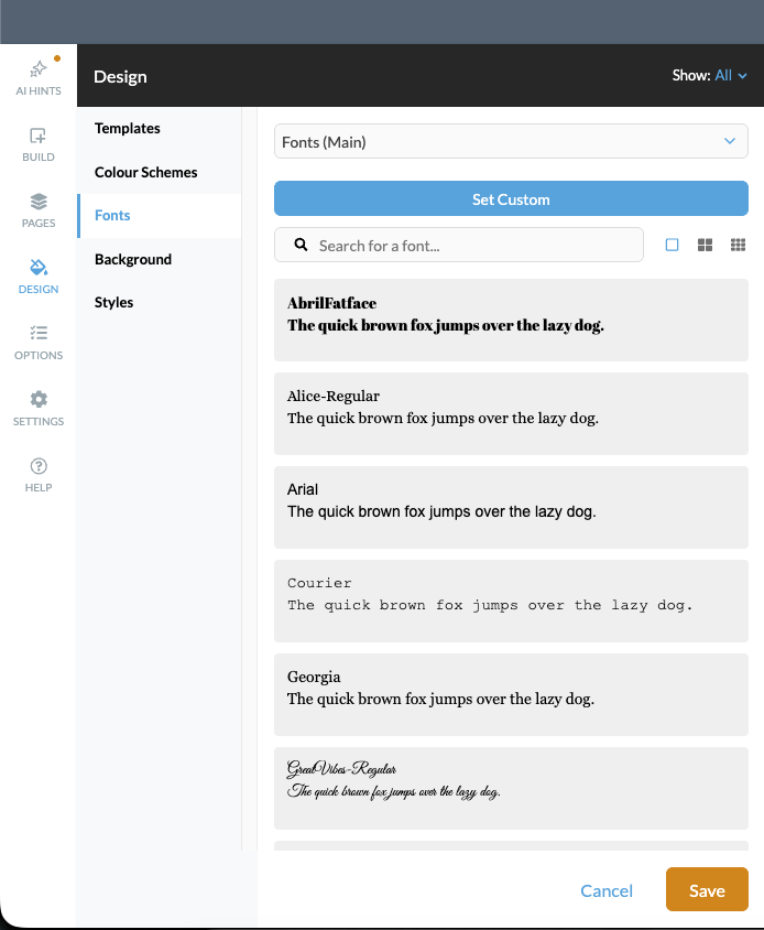 Customize Panel — Colours and Fonts